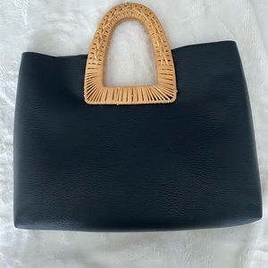 Anthropologie Black Handbag with Straw Handle, Strap and Removeable Pouch